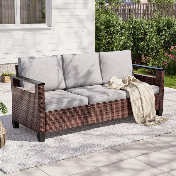JOYESERY Outdoor 3-Seater Sofa Brown PE Wicker All Weather Patio Sofa with Thick Linen Grey Cushions