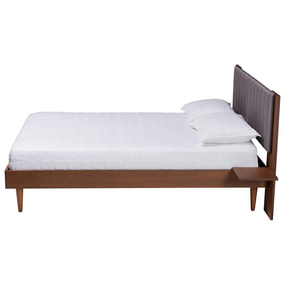 Gray Fabric and Walnut Wood Queen Platform Bed with Tufted Headboard