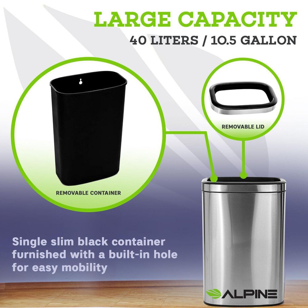 10.5 Gallon Brushed Stainless Steel Open Top Trash Can Set