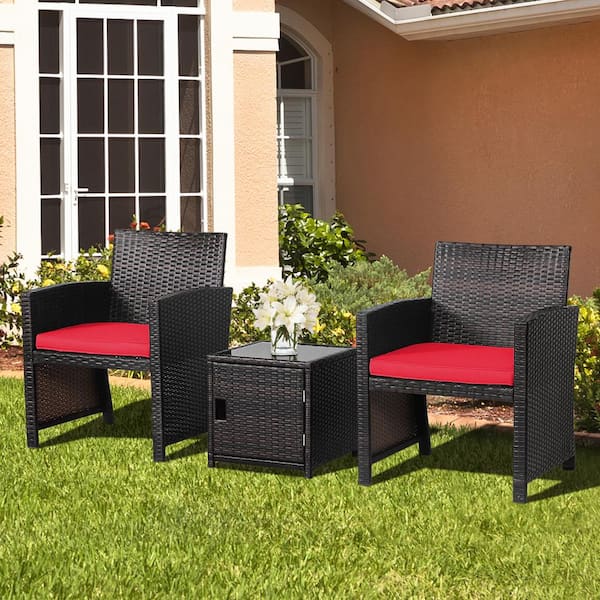 Unbranded 3-Pieces Wicker Patio Conversation Set with Red Cushions
