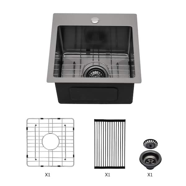 RAINLEX 15 in. L x 15 in. W Drop-in Single Bowl 16 Gauge Stainless Steel Bar Sink in Gunmetal Black