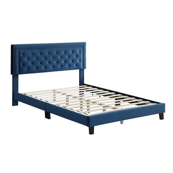 Morden Fort Blue Velvet Tufted Full Bed Frame with Upholstered Headboard No Box Spring Needed