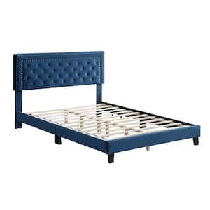 Blue Velvet Tufted Queen Bed Frame with Upholstered Headboard No Box Spring Needed