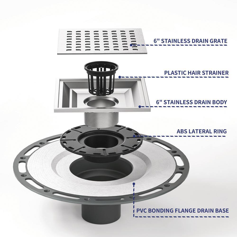 6" Square Brushed Stainless Steel Shower Drain with PVC Flange