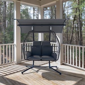2-Person Egg Chair with Stand Metal Patio Swing Hammock Chair with Awning and Cushions, Gray