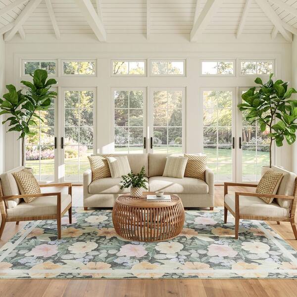 Botanical Washables Charcoal Multicolor 4 ft. x 6 ft. Floral Contemporary Area Rug