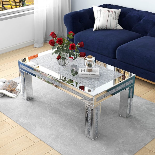 Silver 43.4 in. W x 16 in. H Rectangle Mirrored Glass Coffee Table with Diamond Inlay
