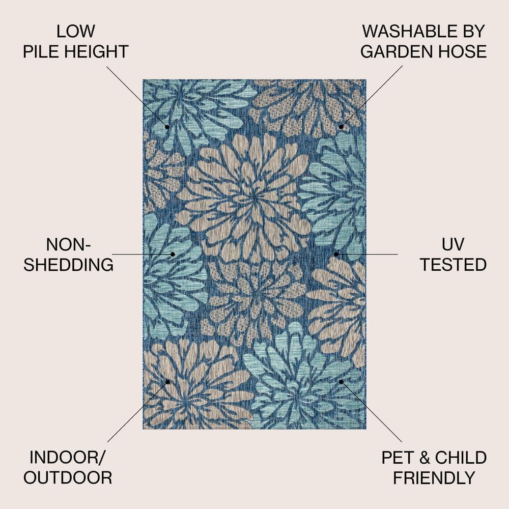 Navy Aqua Floral Synthetic Flat Woven Reversible Rug 5x8
