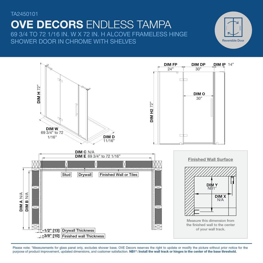 Tampa 72'' Chrome Frameless Hinged Shower Kit with Shelves