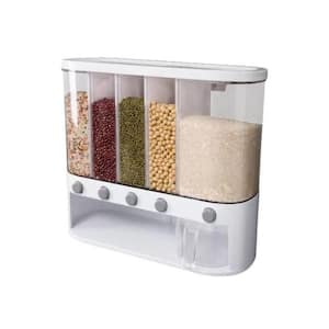 1-Piece Dry Food Dispenser, Wall Mounted with 5-Grid Dispenser 25 lbs. Kitchen Storage with Measuring Cup in White