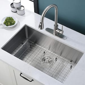 27 in. Undermount Single Bowl 18 Gauge Silver Stainless Steel Kitchen Sink with Bottom Grids