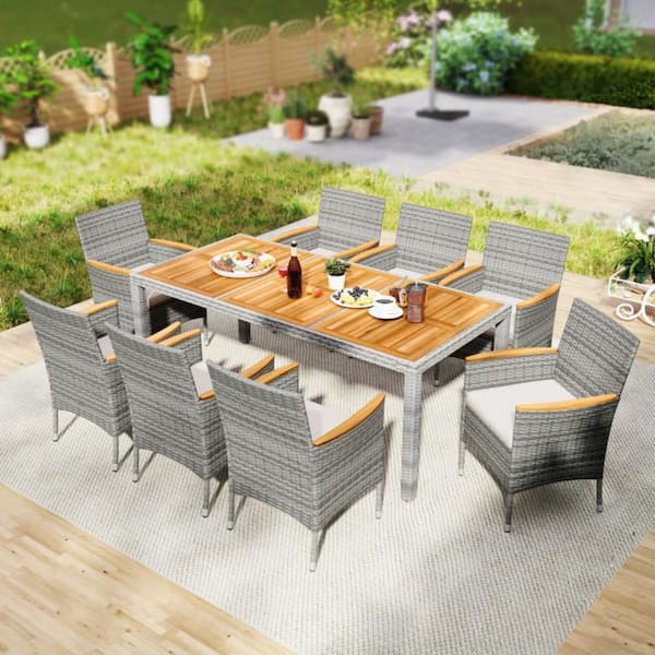 9-Piece Wicker Rectangle Outdoor Dining Set with Off White Cushions and Umbrella Hole