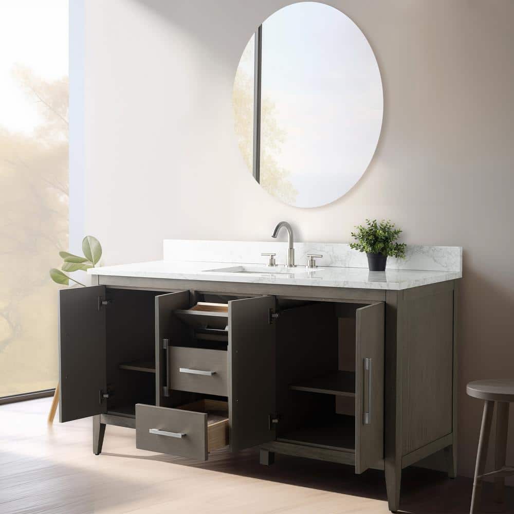 60'' Driftwood Gray MDF Single Sink Freestanding Bathroom Vanity with Engineered Marble Top