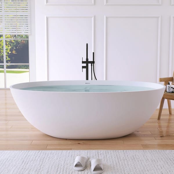 Eaton 71 in. x 35.4 in. Stone Resin Solid Surface Matte Flatbottom Freestanding Soaking Bathtub in White