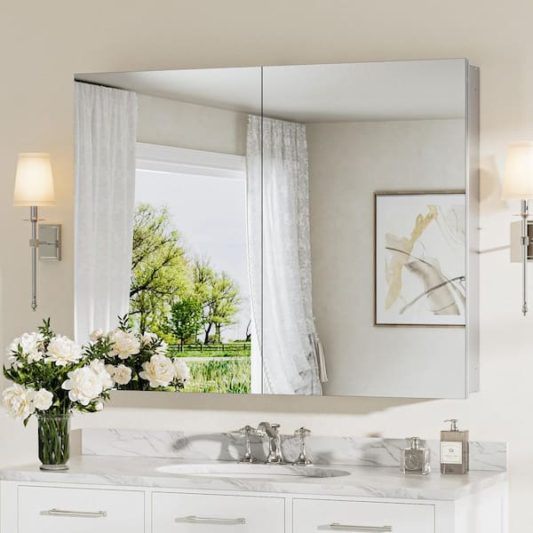 KeonJinn 40 in. W x 32 in. H Rectangular Frameless Aluminum Silver Recessed or Surface Mount Medicine Cabinet with Mirror