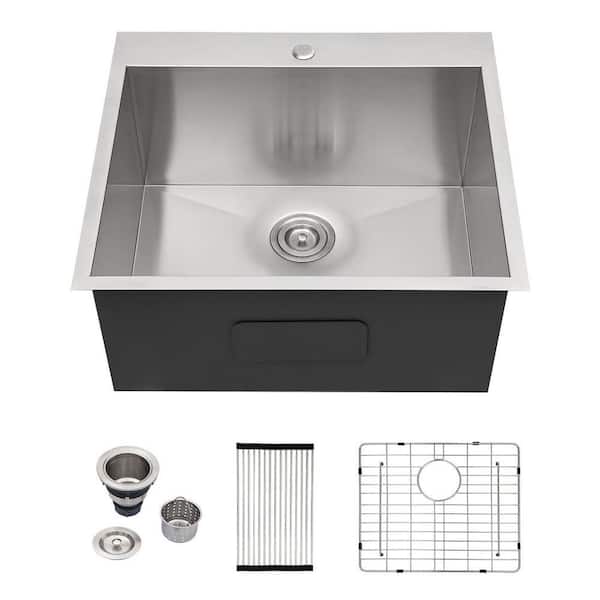 22 in. Drop-in/Topmount Single Bowl 16-Gauge Stainless Steel Brushed Kitchen Sink Utility Laundry Sink with Bottom Grid