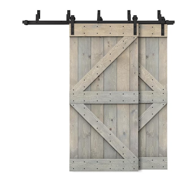 CALHOME 40 in. x 84 in. K-Bypass Smoke Gray Stained DIY Solid Wood Interior Double Sliding Barn Door with Hardware Kit