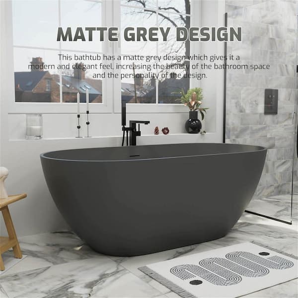 59 in. x 29.52 in. Solid Surface Stone Resin Freestanding Double Slipper Soaking Bathtub with Center Drain in Matte Gray