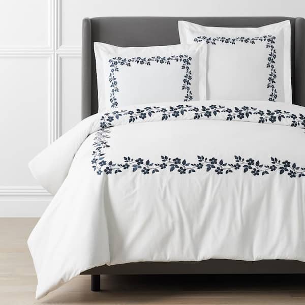 The Company Store Legends Hotel Brighton Embroidered Egyptian Navy Queen Cotton Percale Duvet Cover