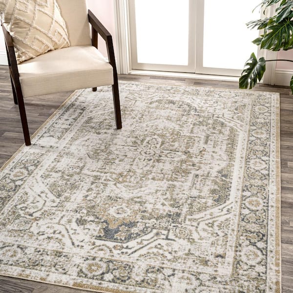 Keesha Green/Cream 4 ft. x 6 ft. Bold Distressed Medallion Low-Pile Machine-Washable Area Rug