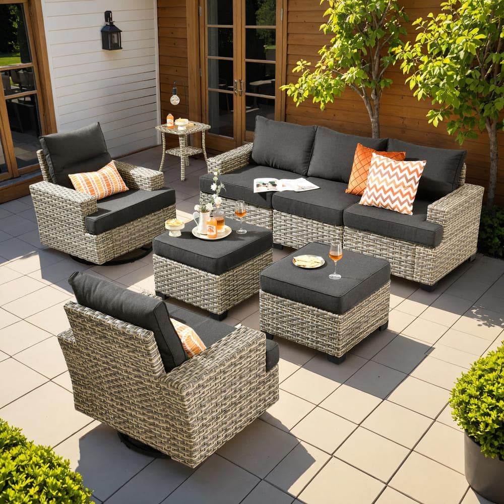 OVIOS Tiberte Gray 8-Piece Wicker Patio Conversation Seating Set with Black Cushions and Swivel Chairs