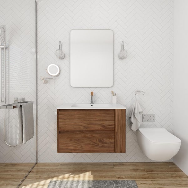 Unbranded 30 in. W x 18 in. D x 19 in. H Wall Mounted Bath Vanity in Brown Oak with White Cultured Marble Top