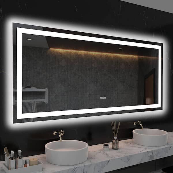 Large 60 in. W x 28 in. H Rectangular Frameless Anti-Fog LED Light Wall Bathroom Vanity Mirror with Front and Backlit