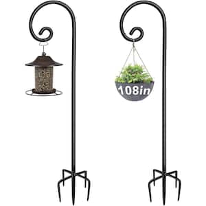 108 in. Tall Outdoor Shepherd's Hook for Bird Feeders (2-Pack) for Hanging Plants Solar Lantern, Gloss Black