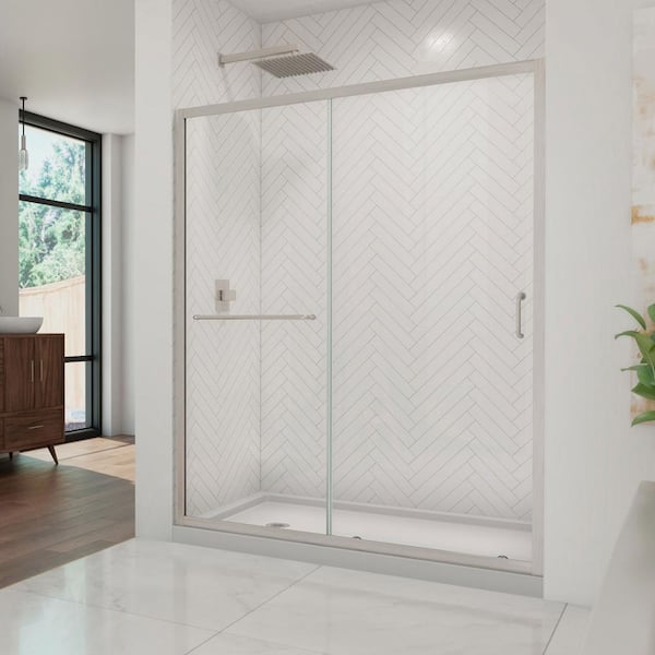 DreamLine Infinity-Z 36 in. x 60 in. Semi-Frameless Sliding Shower Door in Brushed Nickel with Left Drain White Acrylic Base