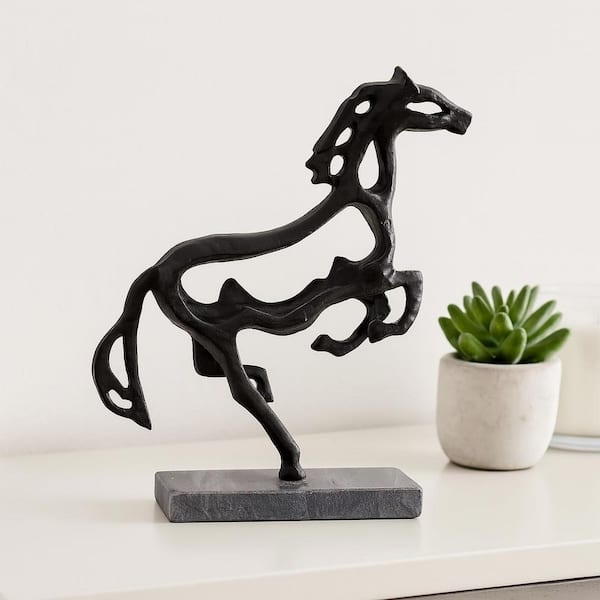 Black 10.25 in. x 13.5 in. Metal Horse on Marble Base Sculpture