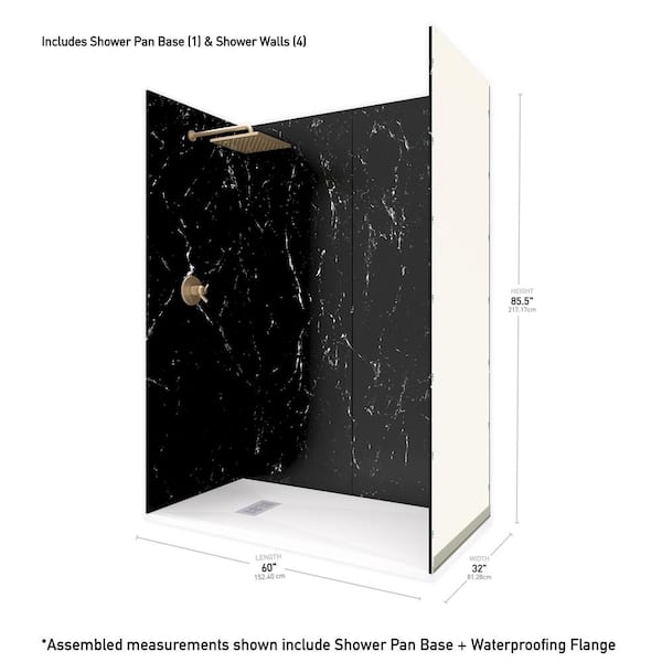 CASTICO 60 in. L x 32 in. W x 84 in. H Solid Composite Stone Shower Kit with Caramel Walls & Cntr White Slate Shower Pan Base