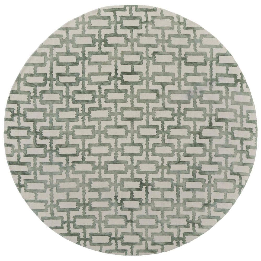 Handmade Ivory and Green Wool Round Trellis Area Rug