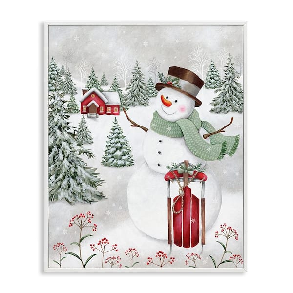 Cheerful Snowman Red Sleigh Sled Holly Botanicals by Emma Leach Framed Giclee Art Print Nature 14 in. x 11 in.