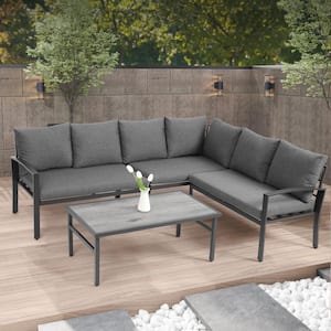 4-Piece Metal Outdoor Sectional Set with Coffee Table, All-Weather and Water Resistant Furniture Set, Gray Cushions