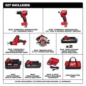 M18 18-Volt Lith-Ion Brushless Cordless Combo Kit (4-Tool) w/2-Batteries w/HIGH OUTPUT CP 3.0Ah Battery Pack (2-Pack)