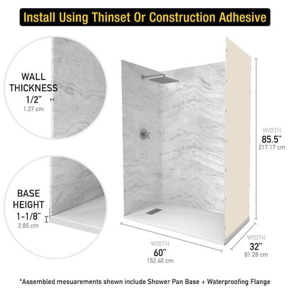 Sierra Light 32 in. x 60 in. x 84 in. Solid Composite Stone Alcove Shower Kit with Walls and White Pan Base L/R Drain