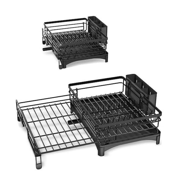 Numhew 12.2 in. to 21.7 in. Black Extendable Dish Rack, Dish Drying Rack, Stainless Steel Dish Strainer with Utensil Holder