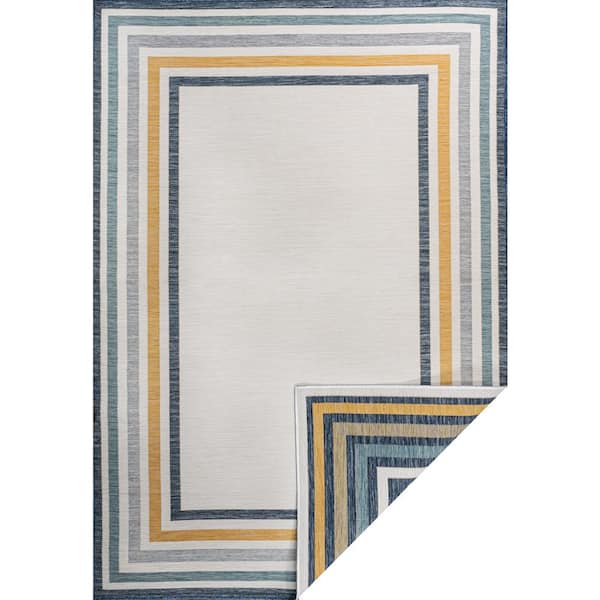 Pollux Classic Coastal Mitred Stripe Reversible Machine Washable Cream/Navy 3 ft. x 5 ft. Indoor/Outdoor Area Rug