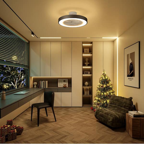 21 in. Integrated LED Indoor Modern Black Round Style Enclosed Flush Mount Ceiling Fan Light with Remote Control