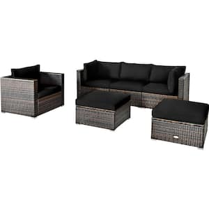 6-Piece PE Wicker Outdoor Sofa Patio Conversation Set with Black Cushions