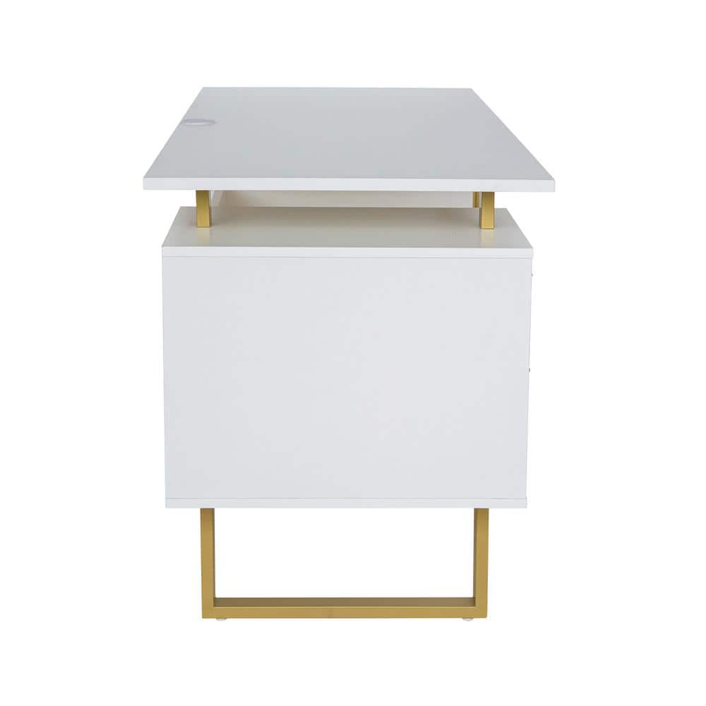 White and Gold Modern Writing Desk with Storage Drawers