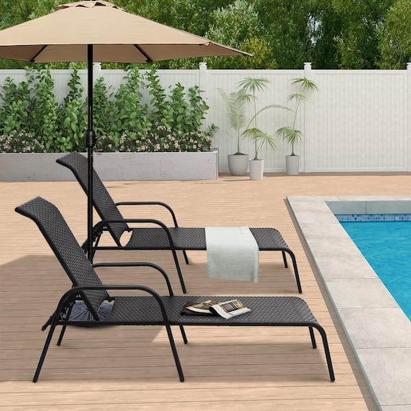 Maypex Black 2-Piece Wicker Outdoor Reclining Chaise Lounge