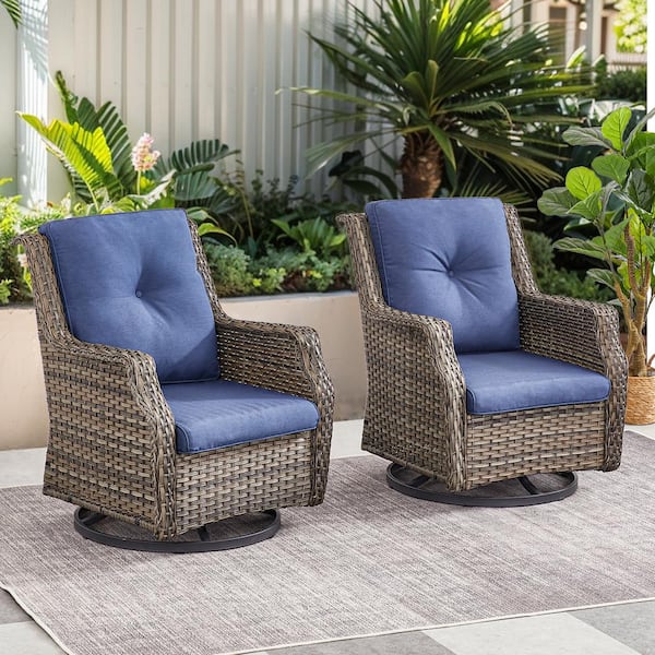 Gymojoy Carolina Gray Wicker 2-Piece Patio Swivel Chair Outdoor Rocking Chair with Blue CushionGuard Cushion
