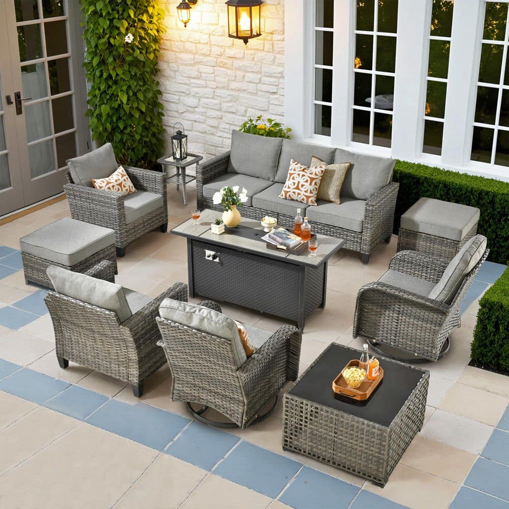 XIZZI Gracia 10 Pieces Wicker Rectangular Fire Pit Sets and Swivel