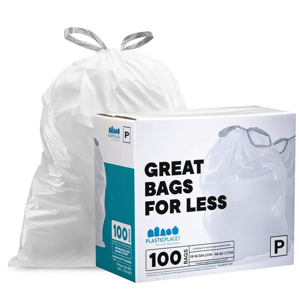 simplehuman Code U Custom Fit Drawstring Trash Bags, 55 Liter / 14.5 Gallon, 60 Pack, White