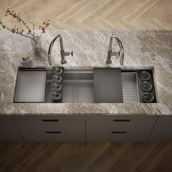 Synthos 57.75 in Undermount Single Bowl Stainless Steel Workstation Kitchen Sink with Paper Composite Accessory Bundle