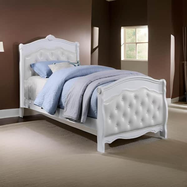 Benjara Jeny White Pine Wood Frame Twin Platform Bed with Tufted Upholstered Headboard