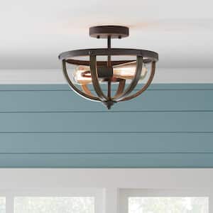 Keowee 13 in. 2-Light Artisan Iron Semi-Flush Mount with Distressed Elm Wood Accents