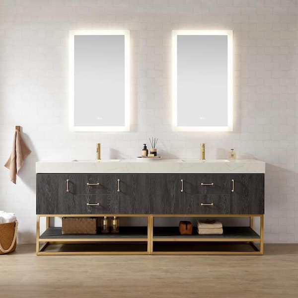 ROSWELL Alistair 84 in. W x 22 in. D x 33.9 in. H Double Sink Bath Vanity in North Black Oak w/ White Grain Stone Composite Top