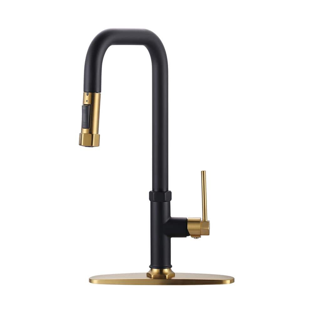 Single Handle Pull Down Sprayer Kitchen Faucet with Pull Out Spray Wand in Gold and Black -  ALEASHA, AL-1A73GB